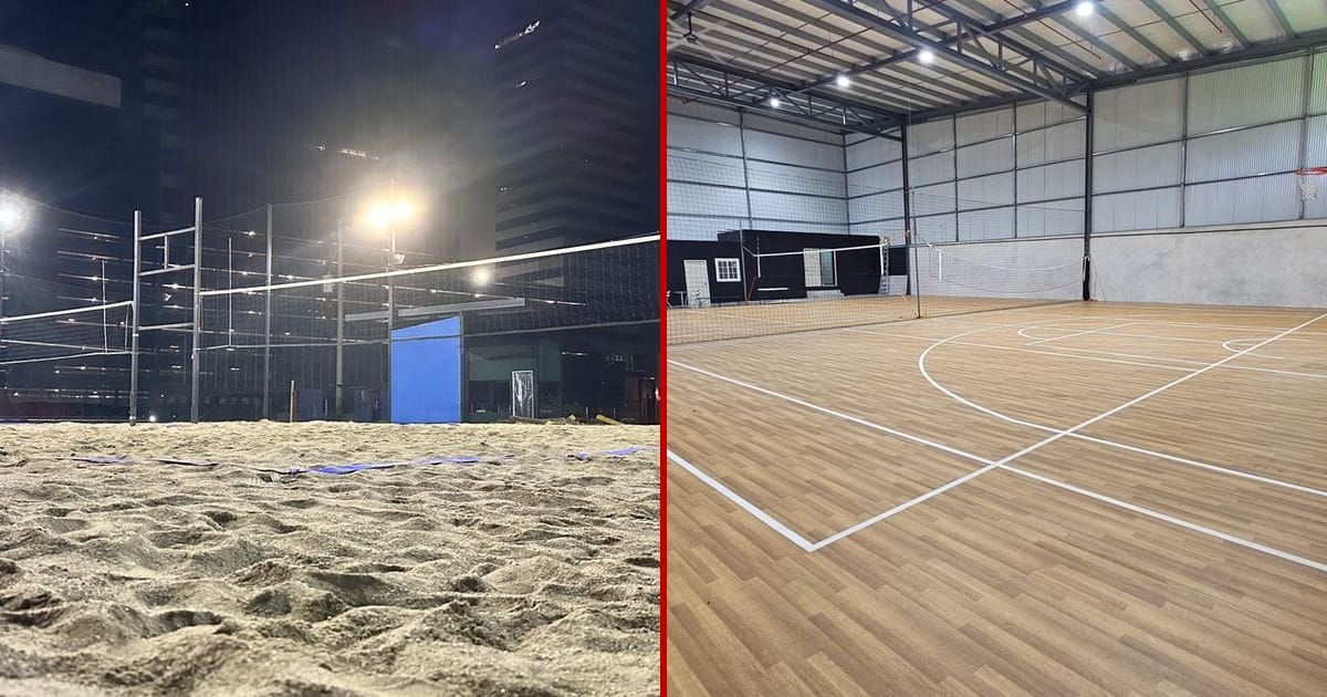 Cancha de vóley playa en arena junto a una cancha de vóley de sala techada en Panamá